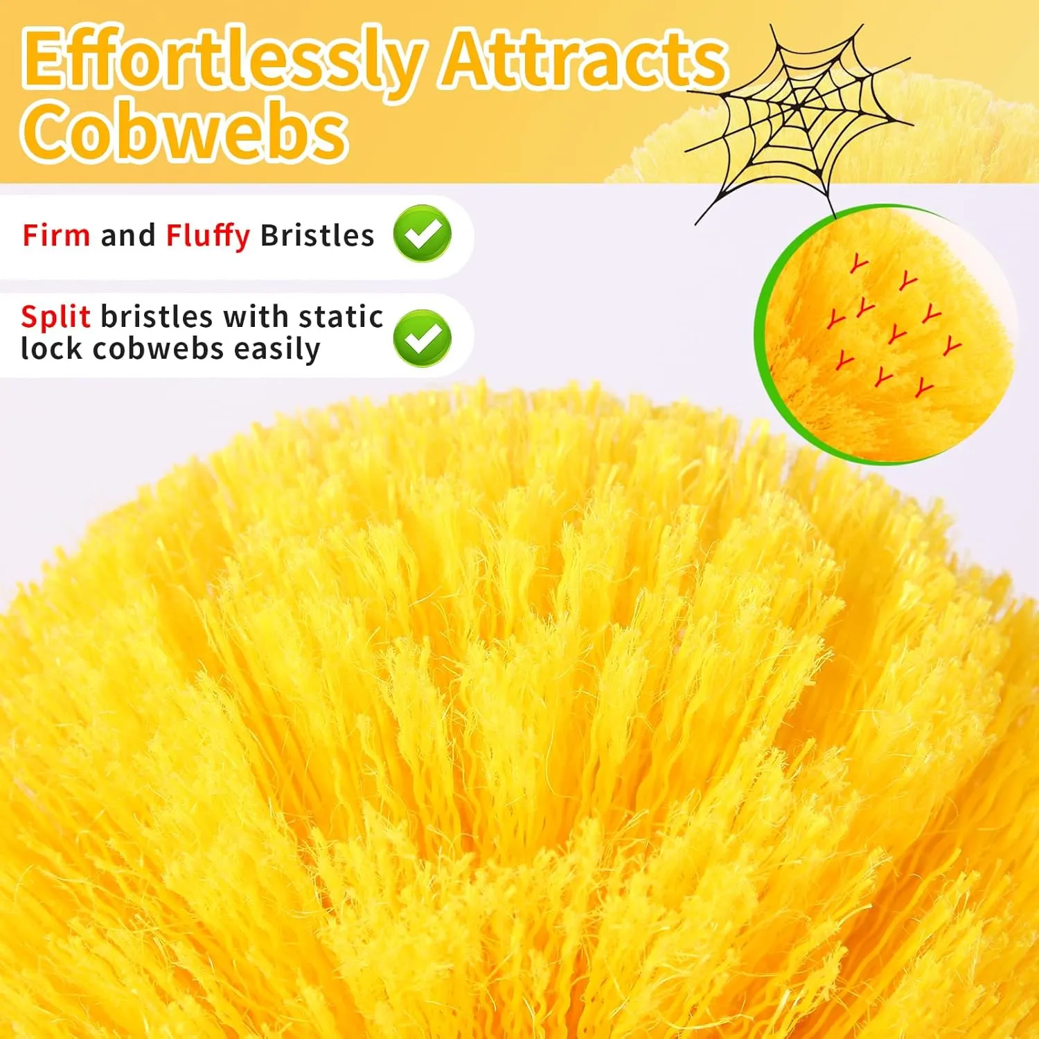 Cobweb Duster with Extension Pole, 8ft Long Spider Web Remover Tool, 2 Medium-Stiff Bristle Dewebber Heads, Outdoor/Indoor Spiderweb Cleaning Dusters, Cob Webster Removal Brush
