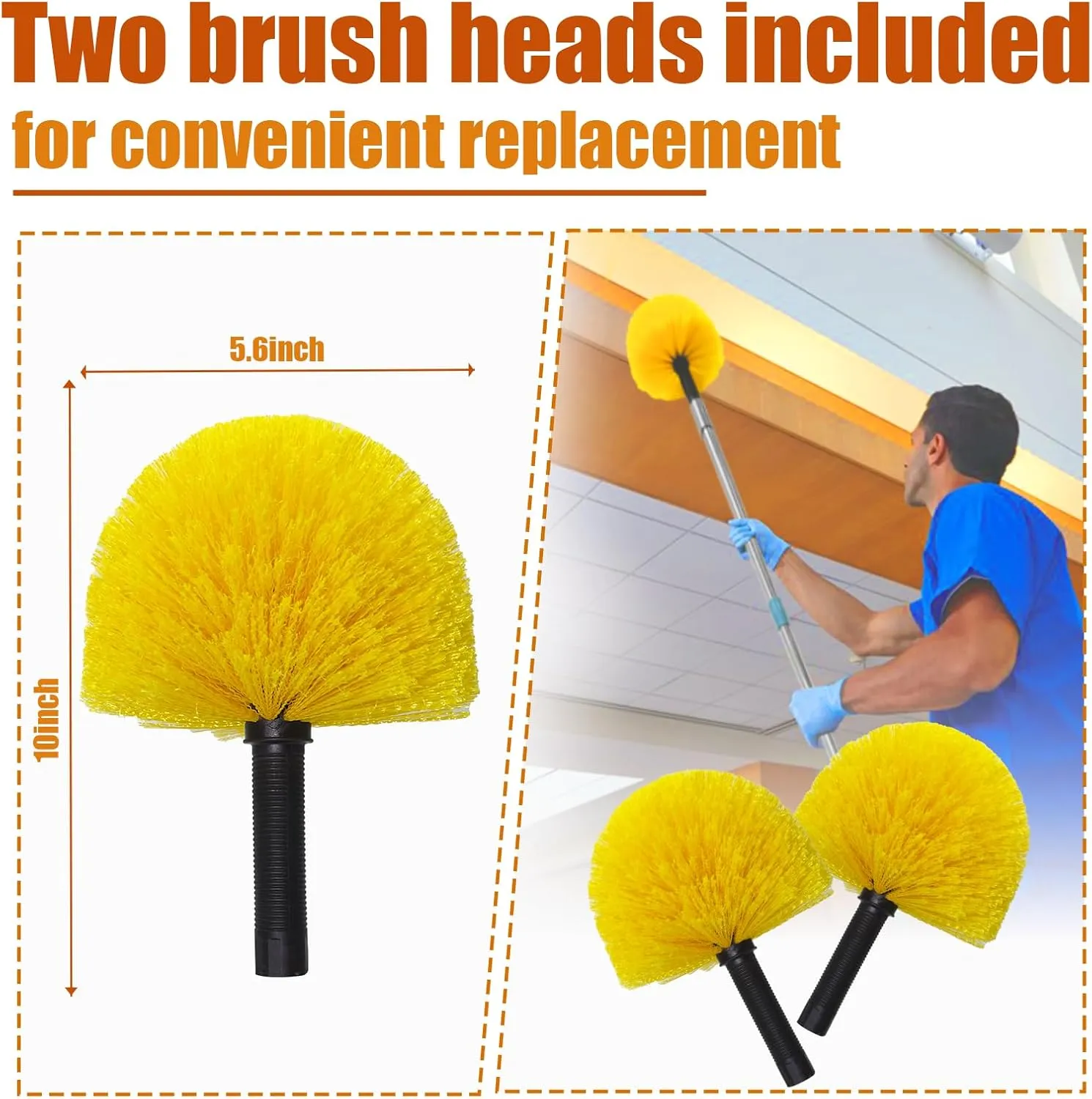 Cobweb Duster with Extension Pole, 8ft Long Spider Web Remover Tool, 2 Medium-Stiff Bristle Dewebber Heads, Outdoor/Indoor Spiderweb Cleaning Dusters, Cob Webster Removal Brush