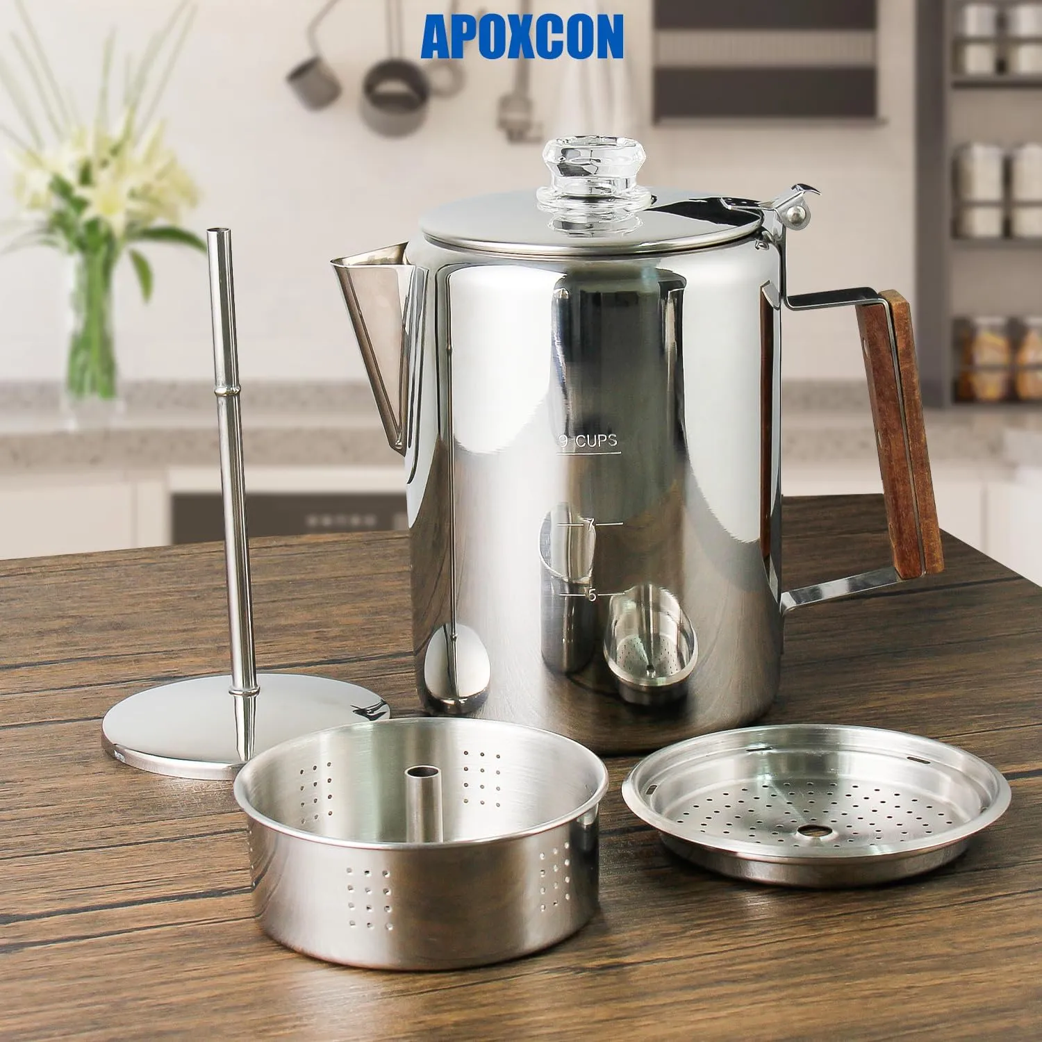 Coffee Percolator Camping Coffee Pot Stainless Steel Coffee Maker with Two Heat Resistant Tough Glass Knob Using on any Stovetop Outdoor Traveling NO Aluminum NO Plastic (9 Cup)