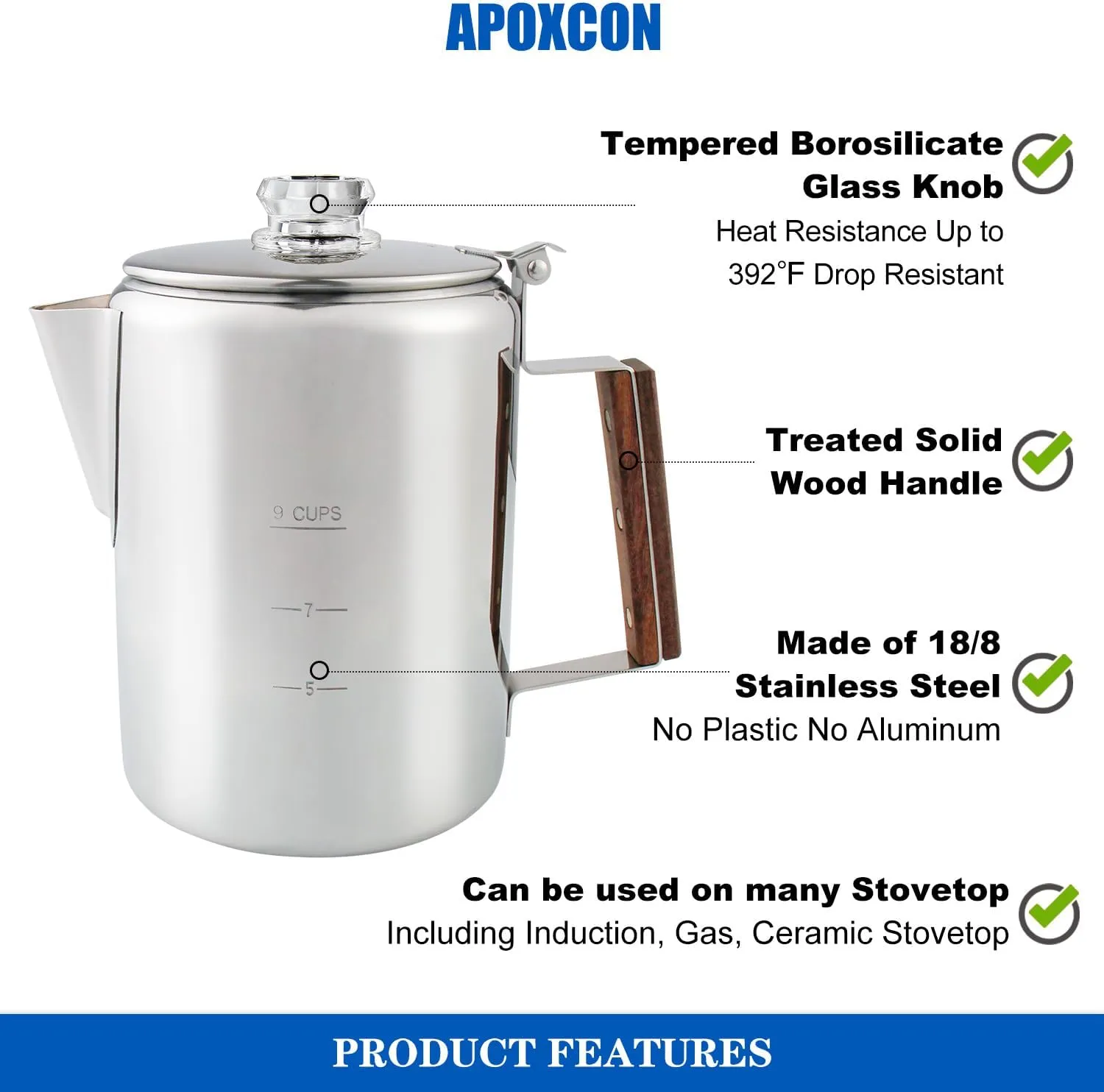 Coffee Percolator Camping Coffee Pot Stainless Steel Coffee Maker with Two Heat Resistant Tough Glass Knob Using on any Stovetop Outdoor Traveling NO Aluminum NO Plastic (9 Cup)