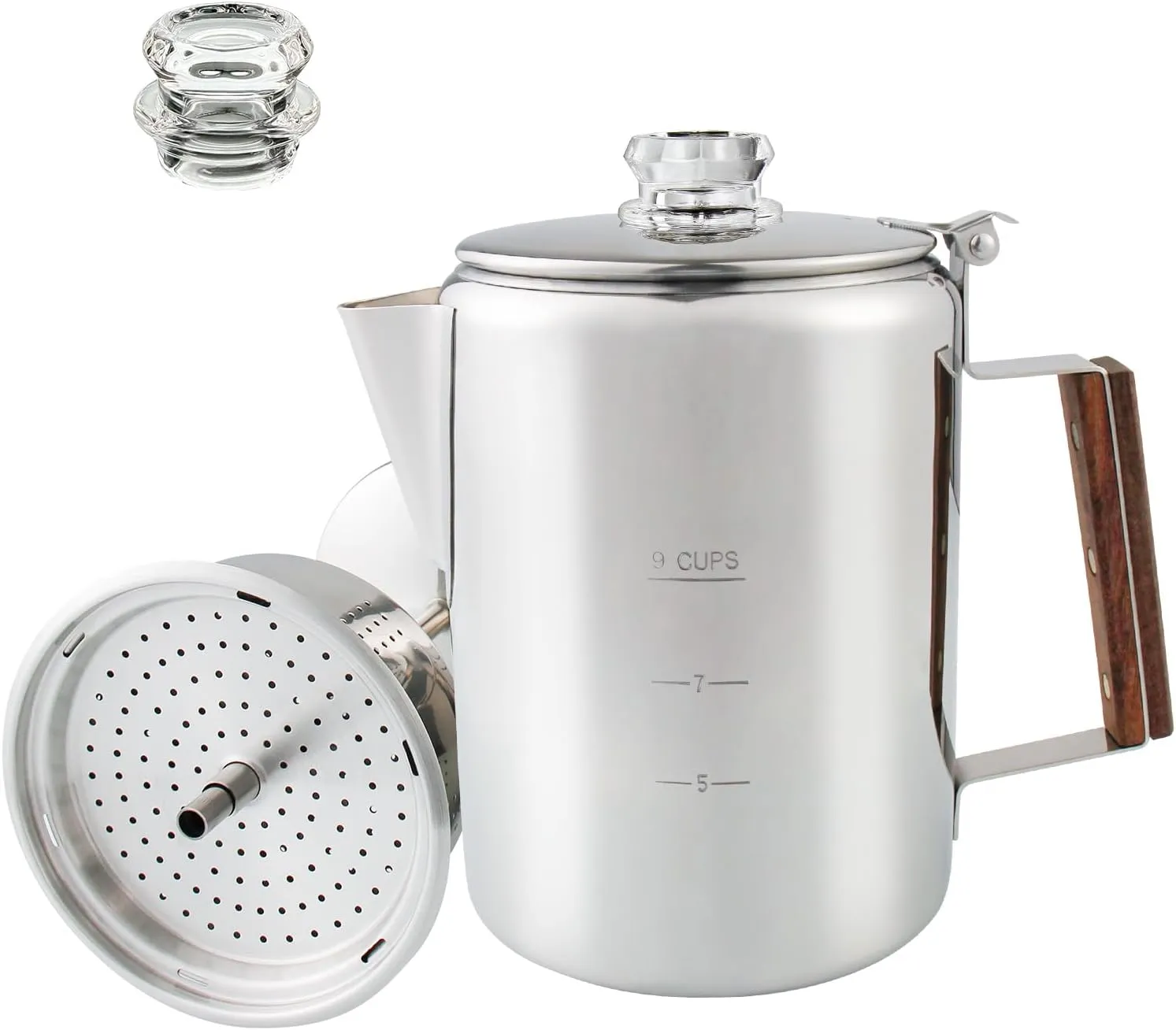 Coffee Percolator Camping Coffee Pot Stainless Steel Coffee Maker with Two Heat Resistant Tough Glass Knob Using on any Stovetop Outdoor Traveling NO Aluminum NO Plastic (9 Cup)