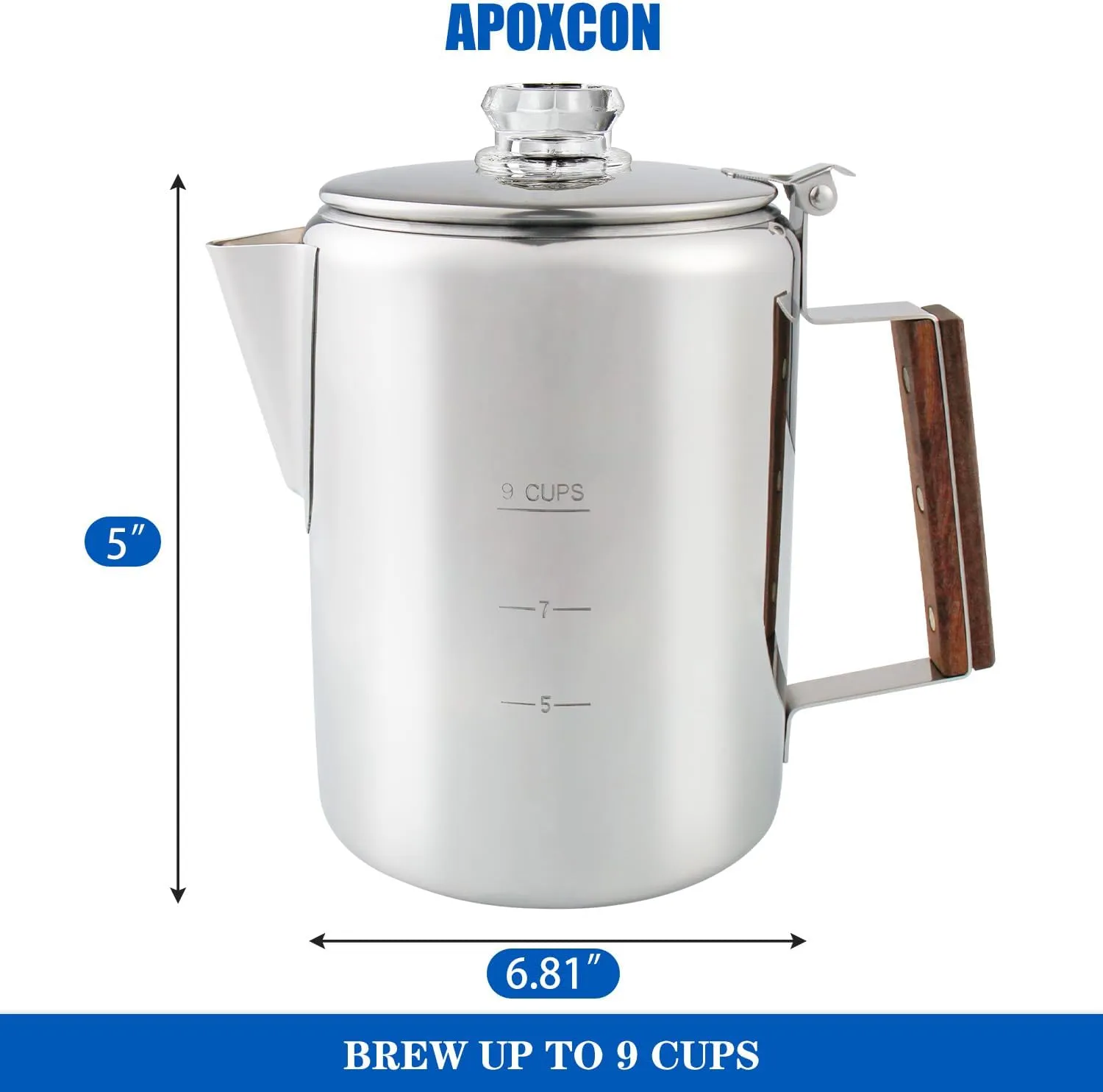 Coffee Percolator Camping Coffee Pot Stainless Steel Coffee Maker with Two Heat Resistant Tough Glass Knob Using on any Stovetop Outdoor Traveling NO Aluminum NO Plastic (9 Cup)