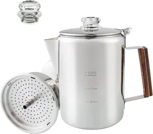 Coffee Percolator Camping Coffee Pot Stainless Steel Coffee Maker with Two Heat Resistant Tough Glass Knob Using on any Stovetop Outdoor Traveling NO Aluminum NO Plastic (9 Cup)