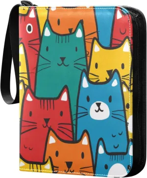 Colorful Cartoon Cats Card Binder 4-Pocket, 400 Pockets PU Waterproof Zippered Collector Card Album with 50 Removable Sleeves for Trading, Game Cards