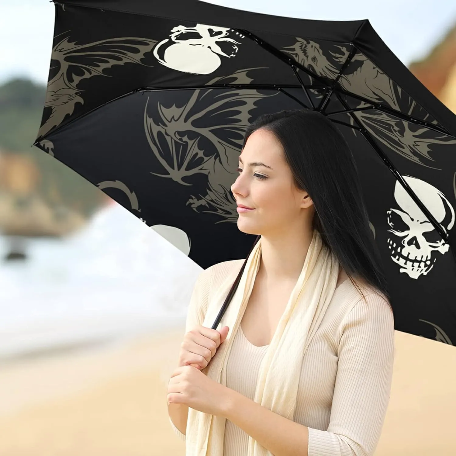 Compact Lightweight Folding Umbrella, Inner Print Sun Parasol with UV Protection, Strong Portable Travel Rain Umbrella