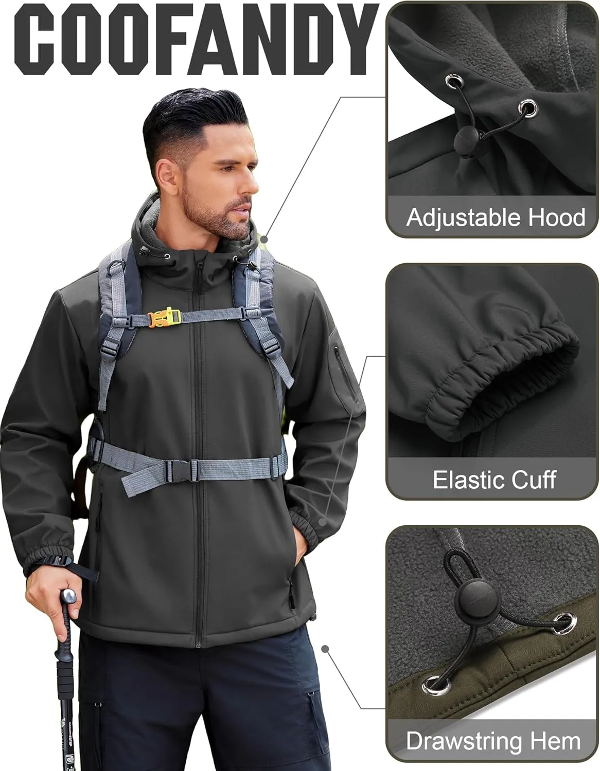 COOFANDY Men's Hooded Softshell Jacket Waterproof Fleece Lined Windbreaker Lightweight Outdoor Hiking Jacket