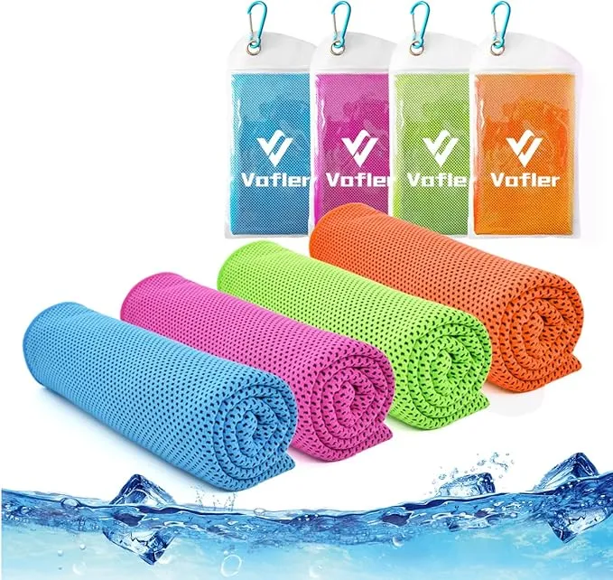 Cooling Towel,Vofler [4 Pack] Cool Towels Microfiber Chilly Ice Cold Head Band Bandana Neck Wrap (40"x 12") for Athlete Men Women Youth Kids Dogs Yoga Outdoor Golf Running Hiking Sports Camping Travel