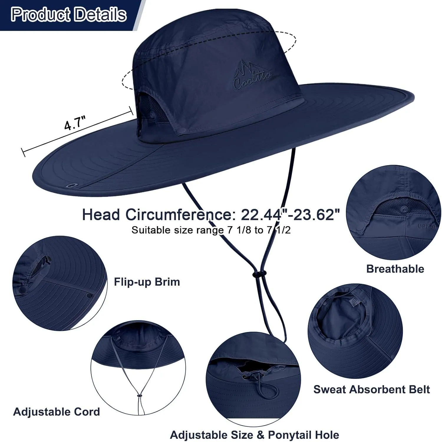 Cooltto Wide Brim Sun Hats with Waterproof Breathable for Fishing, Hiking, Camping，for Men Women Kids