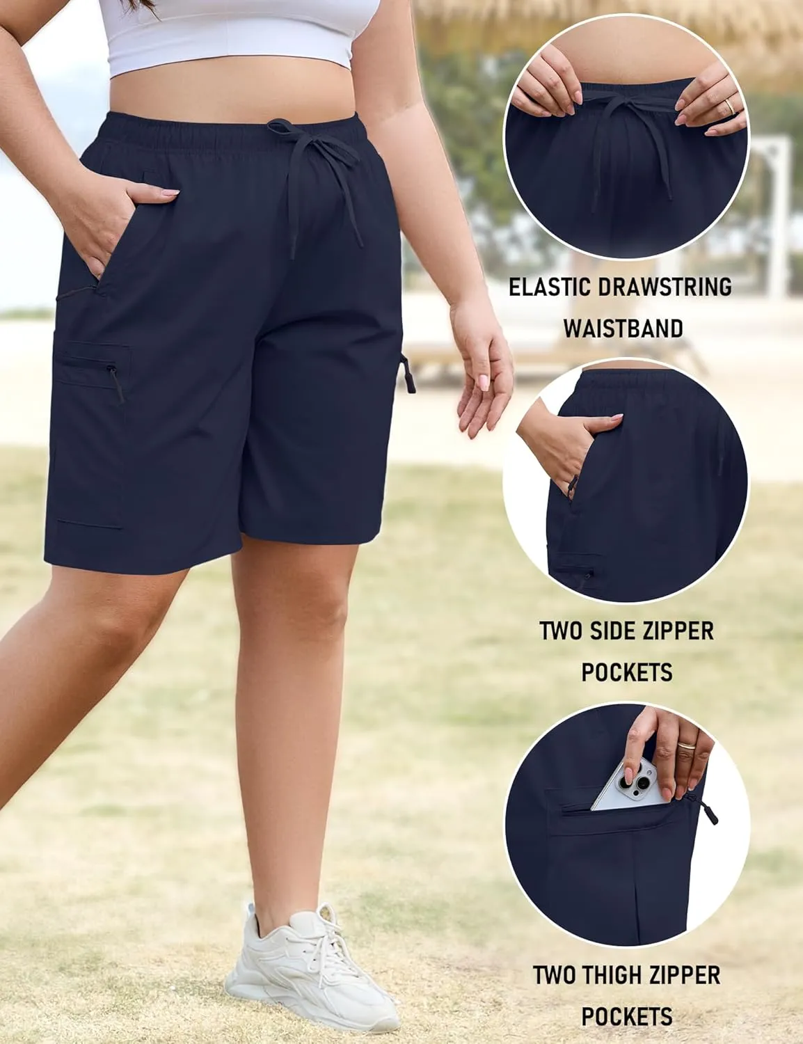 COOTRY Women's Plus Size 9'' Hiking Cargo Shorts Quick Dry Athletic Travel Golf Bermuda Shorts with Zipper Pockets