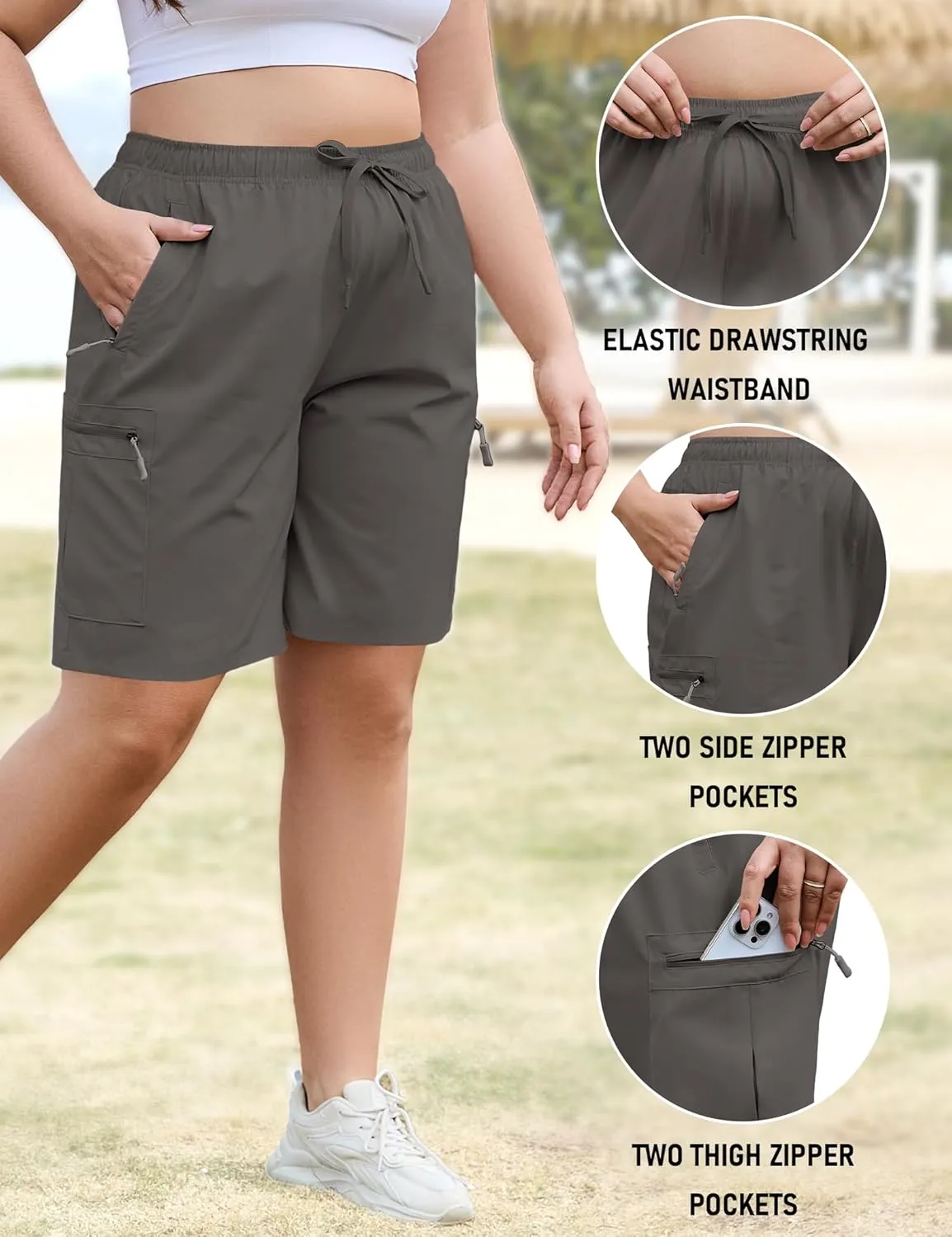 COOTRY Women's Plus Size 9'' Hiking Cargo Shorts Quick Dry Athletic Travel Golf Bermuda Shorts with Zipper Pockets