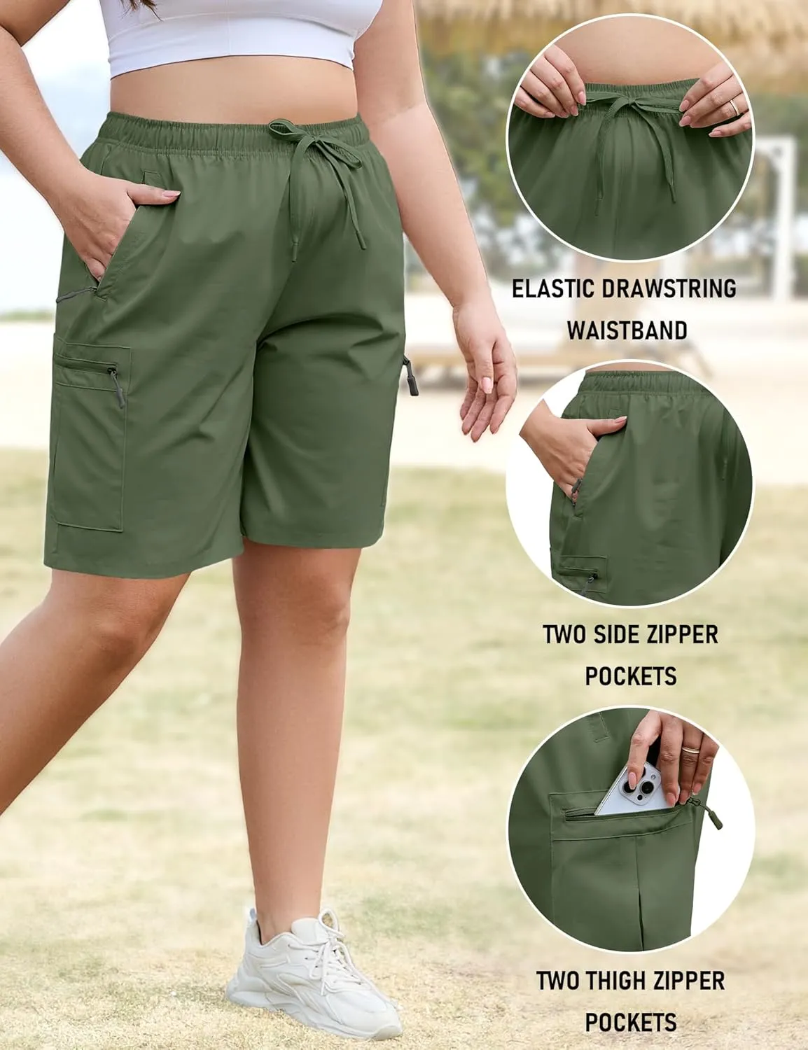 COOTRY Women's Plus Size 9'' Hiking Cargo Shorts Quick Dry Athletic Travel Golf Bermuda Shorts with Zipper Pockets