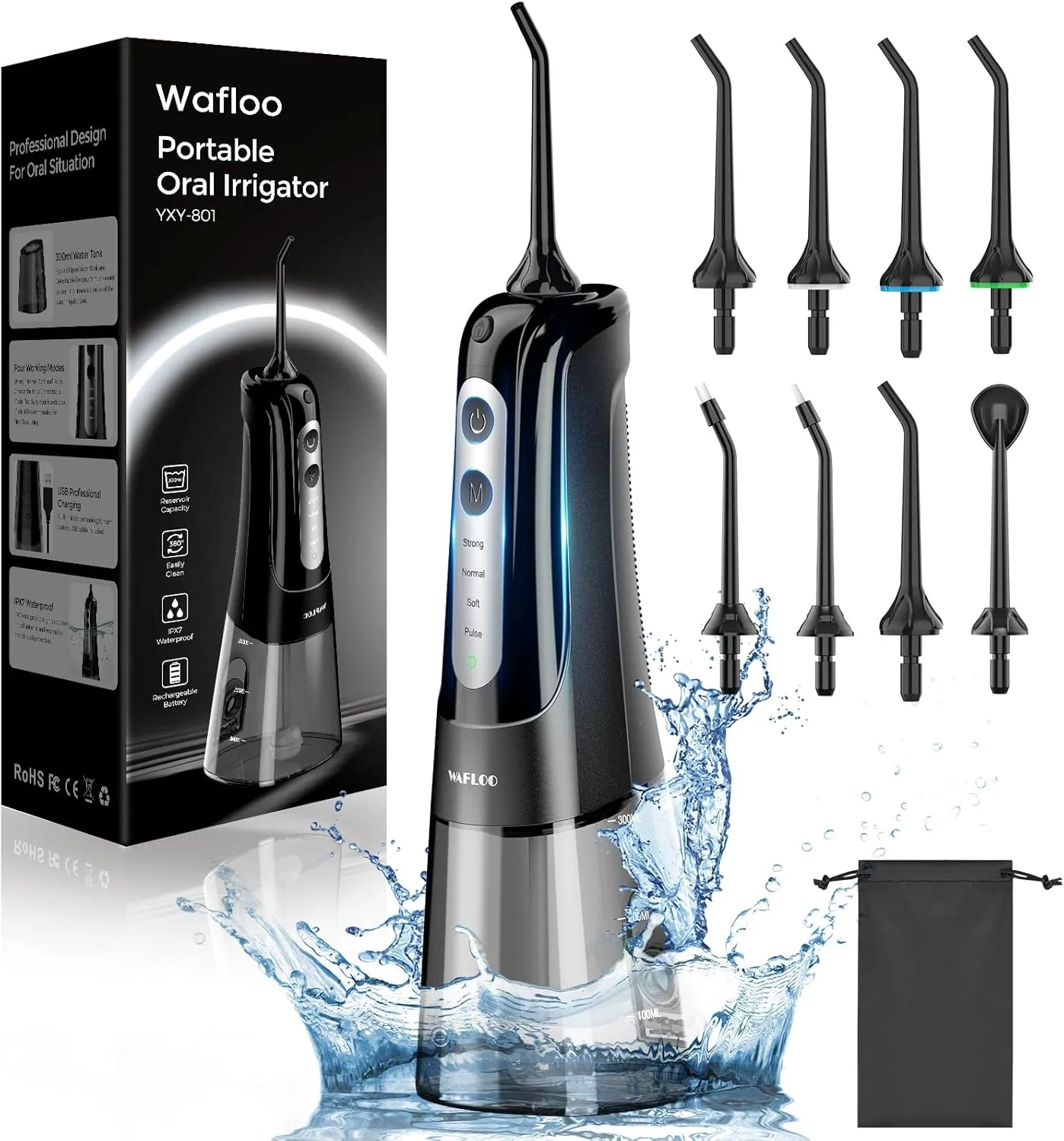 Cordless Water Dental Flosser for Teeth, with 8 Jet Tips, 300ML Tank Oral Irrigator Portable with 4 Modes IPX7 Waterproof Rechargeable Water Floss for Home Travel, Adults Teeth Cleaning (Black)
