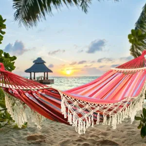 Cotton Canvas Tassel Hammock, Double Boho Hammocks with Macrame Fringe, Portable Camping Indoor Outdoor Garden Hammock Swing with Travel Bag, 150kg Load Capacity Pink Stripes