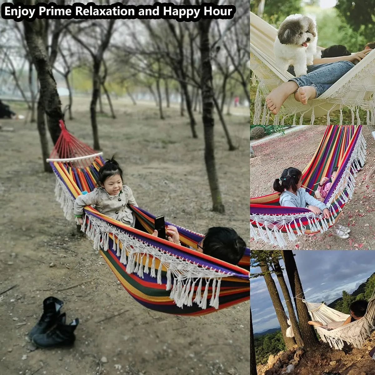 Cotton Canvas Tassel Hammock, Double Boho Hammocks with Macrame Fringe, Portable Camping Indoor Outdoor Garden Hammock Swing with Travel Bag, 150kg Load Capacity Pink Stripes