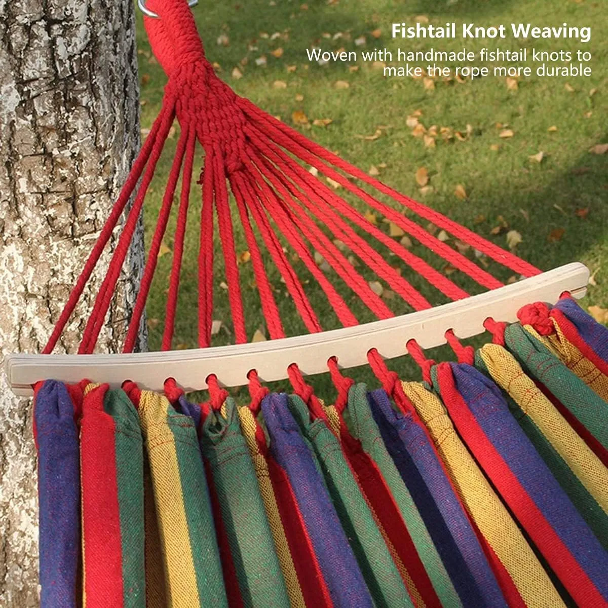 Cotton Canvas Tassel Hammock, Double Boho Hammocks with Macrame Fringe, Portable Camping Indoor Outdoor Garden Hammock Swing with Travel Bag, 150kg Load Capacity Pink Stripes
