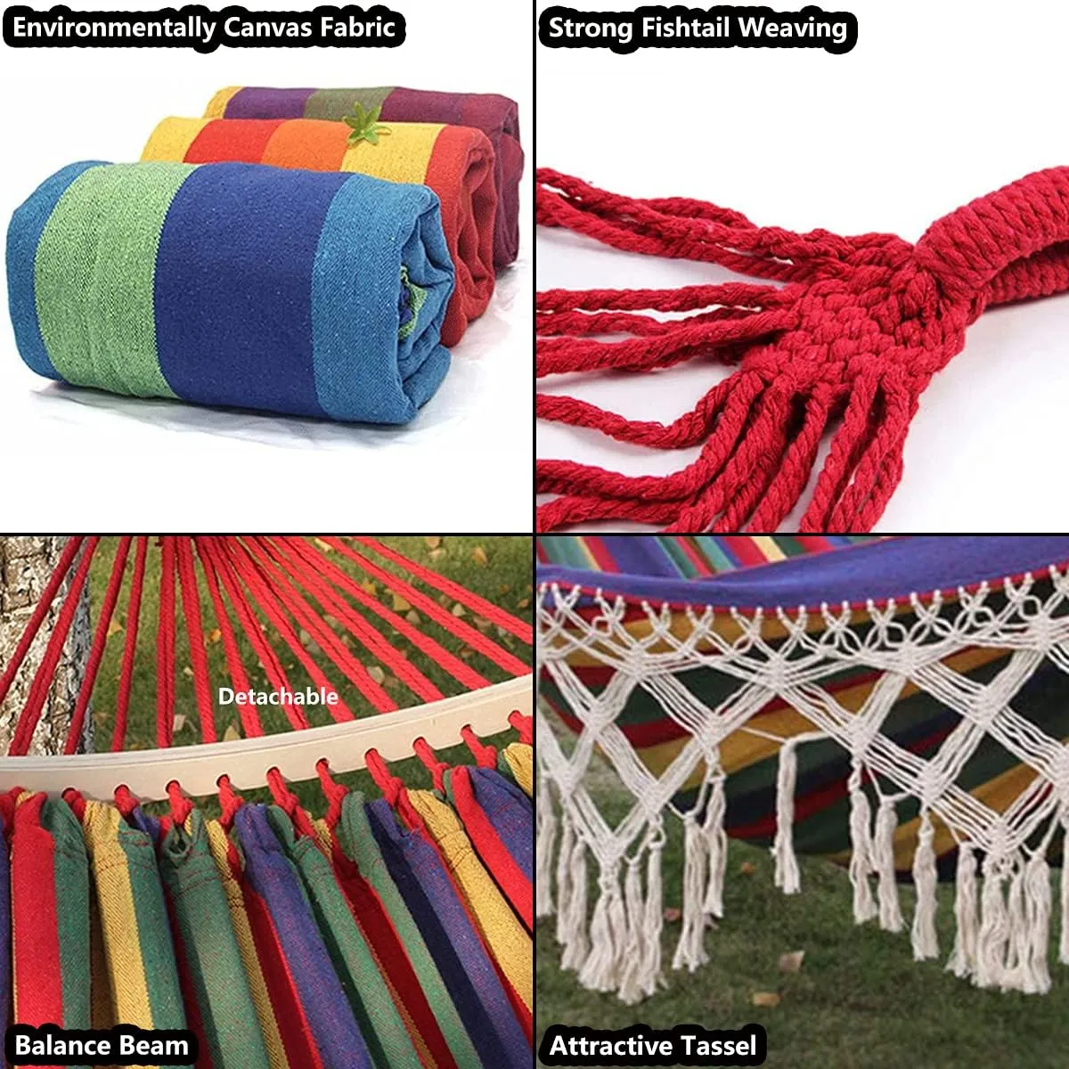 Cotton Canvas Tassel Hammock, Double Boho Hammocks with Macrame Fringe, Portable Camping Indoor Outdoor Garden Hammock Swing with Travel Bag, 150kg Load Capacity Pink Stripes