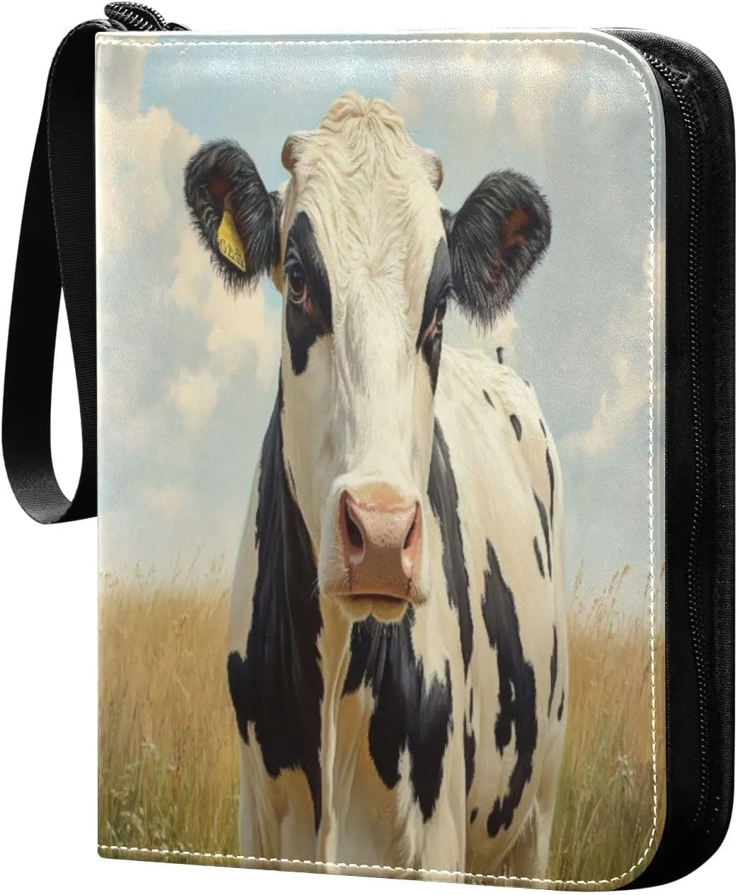 Cow Painting Card Binder 4-Pocket, 400 Pockets PU Waterproof Zippered Collector Card Album with 50 Removable Sleeves for Trading, Game Cards