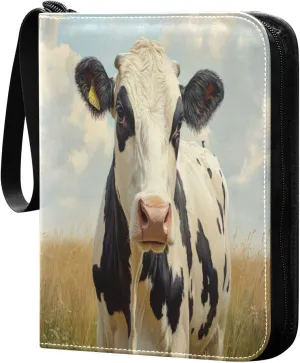 Cow Painting Card Binder 4-Pocket, 400 Pockets PU Waterproof Zippered Collector Card Album with 50 Removable Sleeves for Trading, Game Cards