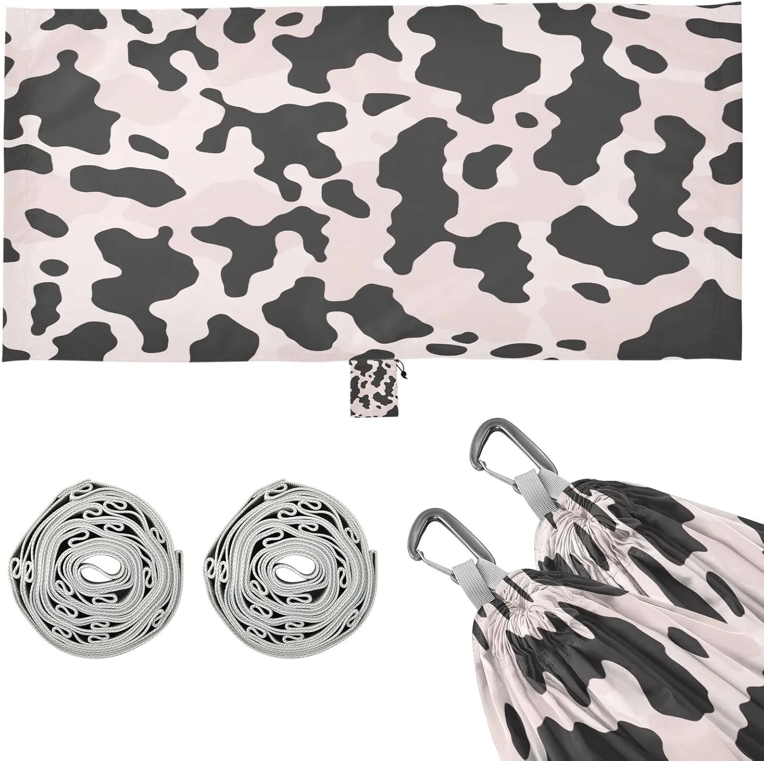 Cow Print Black Pink Camping Hammock, 330 lbs with 2 Tree Straps, Carry Bag, Single Portable Hammock for Outdoor/Indoor, Hiking, Beach, Backpacking, Travel