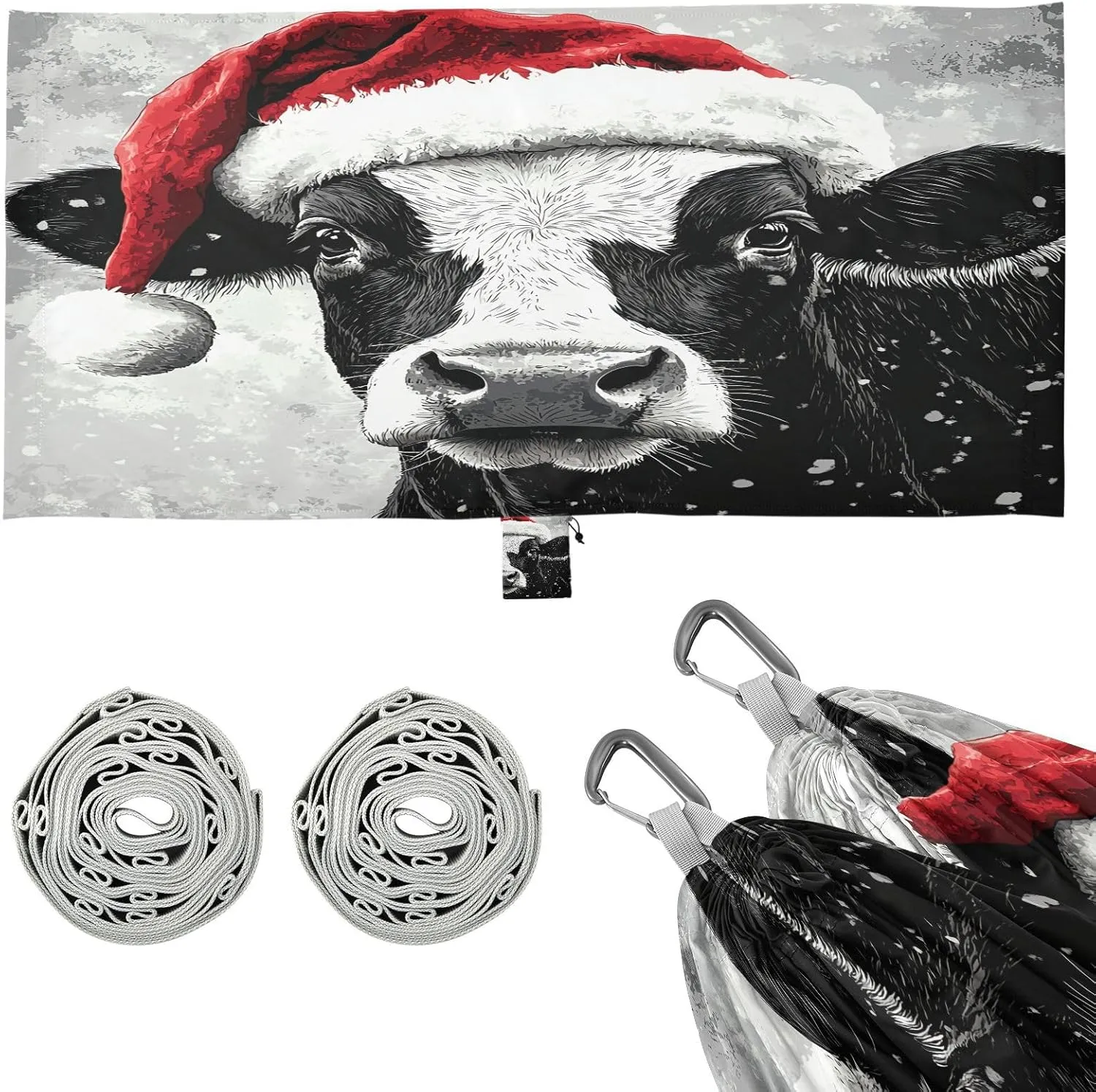 Cute Christmas Cow Camping Hammock, 330 lbs with 2 Tree Straps, Carry Bag, Single Portable Hammock for Outdoor/Indoor, Hiking, Beach, Backpacking, Travel