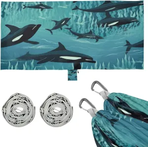 Cute Orca Whales Camping Hammock, 330 lbs with 2 Tree Straps, Carry Bag, Single Portable Hammock for Outdoor/Indoor, Hiking, Beach, Backpacking, Travel