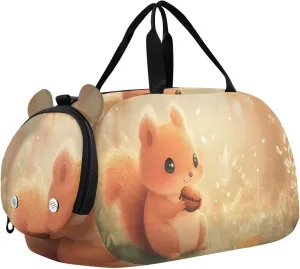 Cute Squirrel Illustration Youth Sports Duffel Bag with Ventilated Shoe Compartment|All-Season Lightweight Travel Gym Bag for Girls & Boys|Water-Resistant Gear Bag