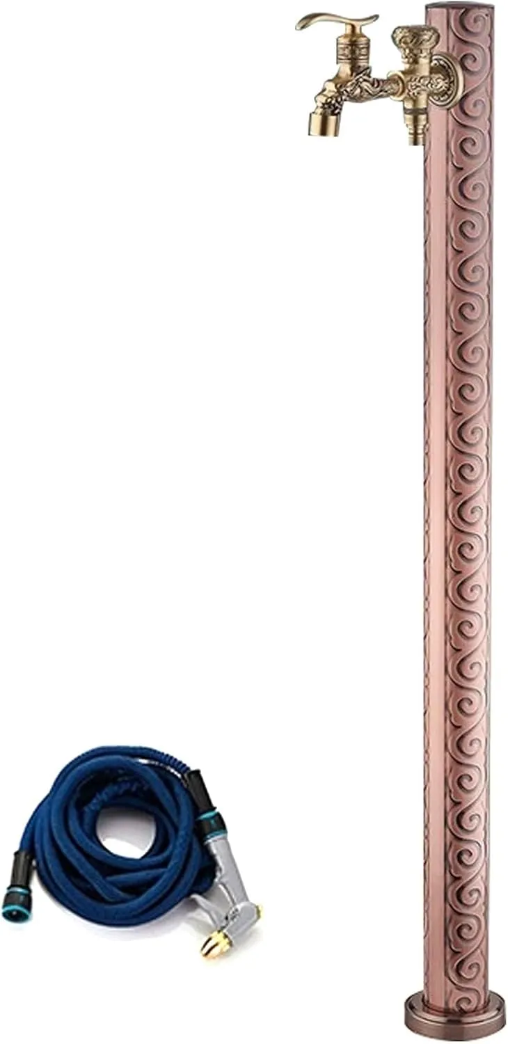 Cylindrical Brass Garden Water Column Faucet with Embossed Design, Outdoor Tap & Spray Gun, Freeze-Proof Irrigation Solution, Durable Brown Finish