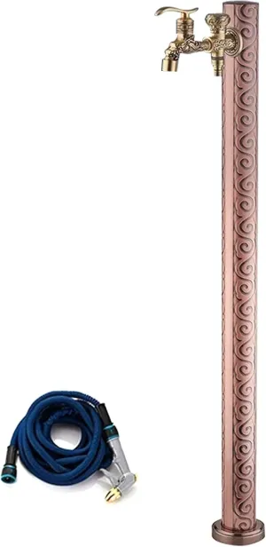 Cylindrical Brass Garden Water Column Faucet with Embossed Design, Outdoor Tap & Spray Gun, Freeze-Proof Irrigation Solution, Durable Brown Finish