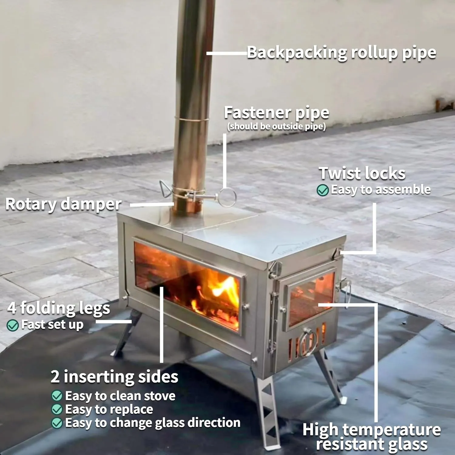 DANCHEL OUTDOOR HS6 Portable Tent Stove with Side Glass Secondary Combustion 304 Stainless Steel Hot Tent Stove with 6.5ft/2m Chimney Cooking Hunting
