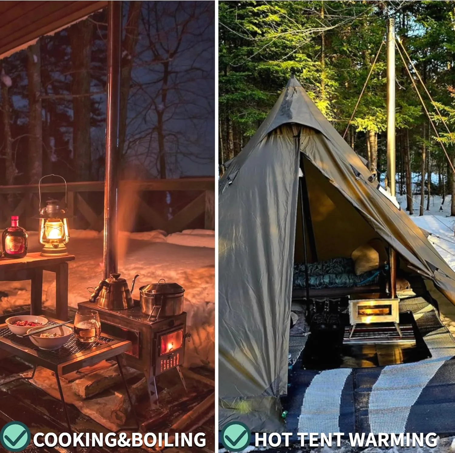 DANCHEL OUTDOOR HS6 Portable Tent Stove with Side Glass Secondary Combustion 304 Stainless Steel Hot Tent Stove with 6.5ft/2m Chimney Cooking Hunting