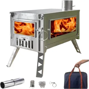 DANCHEL OUTDOOR HS6 Portable Tent Stove with Side Glass Secondary Combustion 304 Stainless Steel Hot Tent Stove with 6.5ft/2m Chimney Cooking Hunting