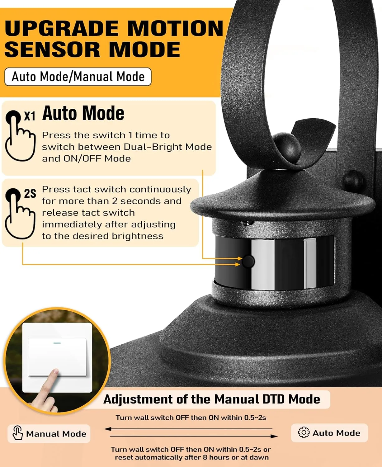 DBF Dusk to Dawn Motion Sensor Outdoor Lights 17.5 Inch, 3 Lighting Mode Exterior Light Fixtures Porch Lights Outdoor Wall Sconces Waterproof Anti-Rust, Black Wall Lanterns for House Front Door Garage