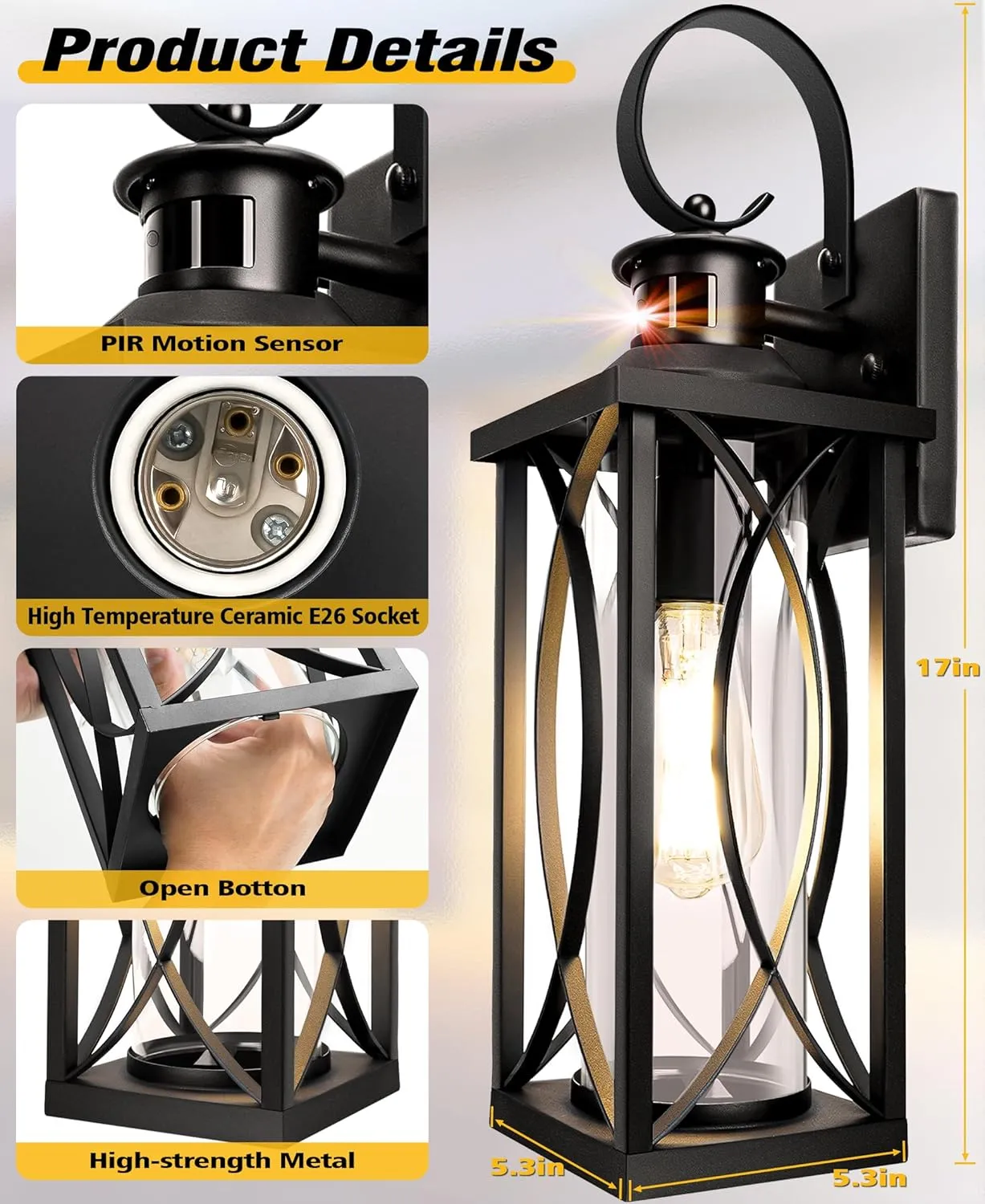 DBF Dusk to Dawn Motion Sensor Outdoor Lights 17.5 Inch, 3 Lighting Mode Exterior Light Fixtures Porch Lights Outdoor Wall Sconces Waterproof Anti-Rust, Black Wall Lanterns for House Front Door Garage