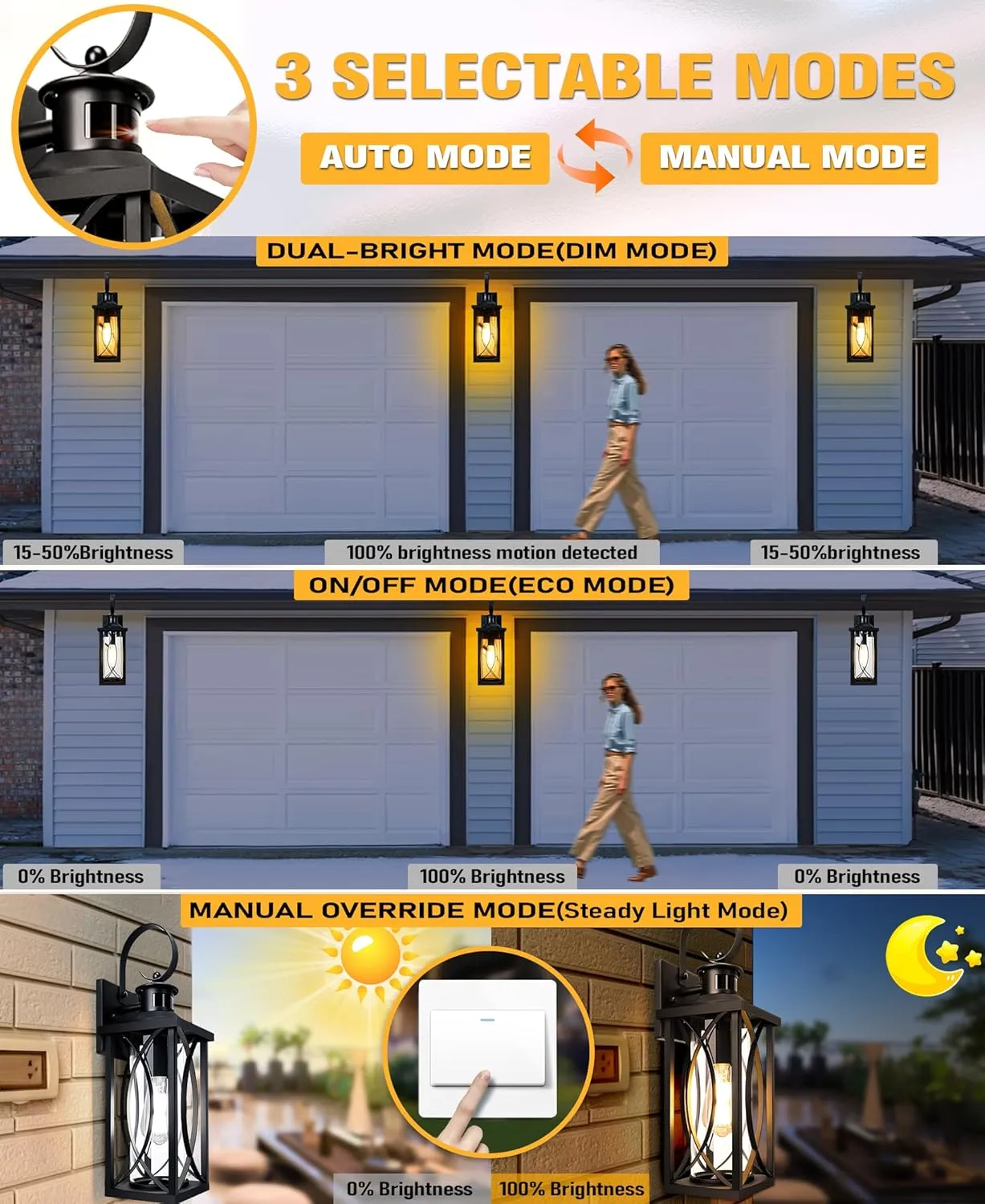 DBF Dusk to Dawn Motion Sensor Outdoor Lights 17.5 Inch, 3 Lighting Mode Exterior Light Fixtures Porch Lights Outdoor Wall Sconces Waterproof Anti-Rust, Black Wall Lanterns for House Front Door Garage