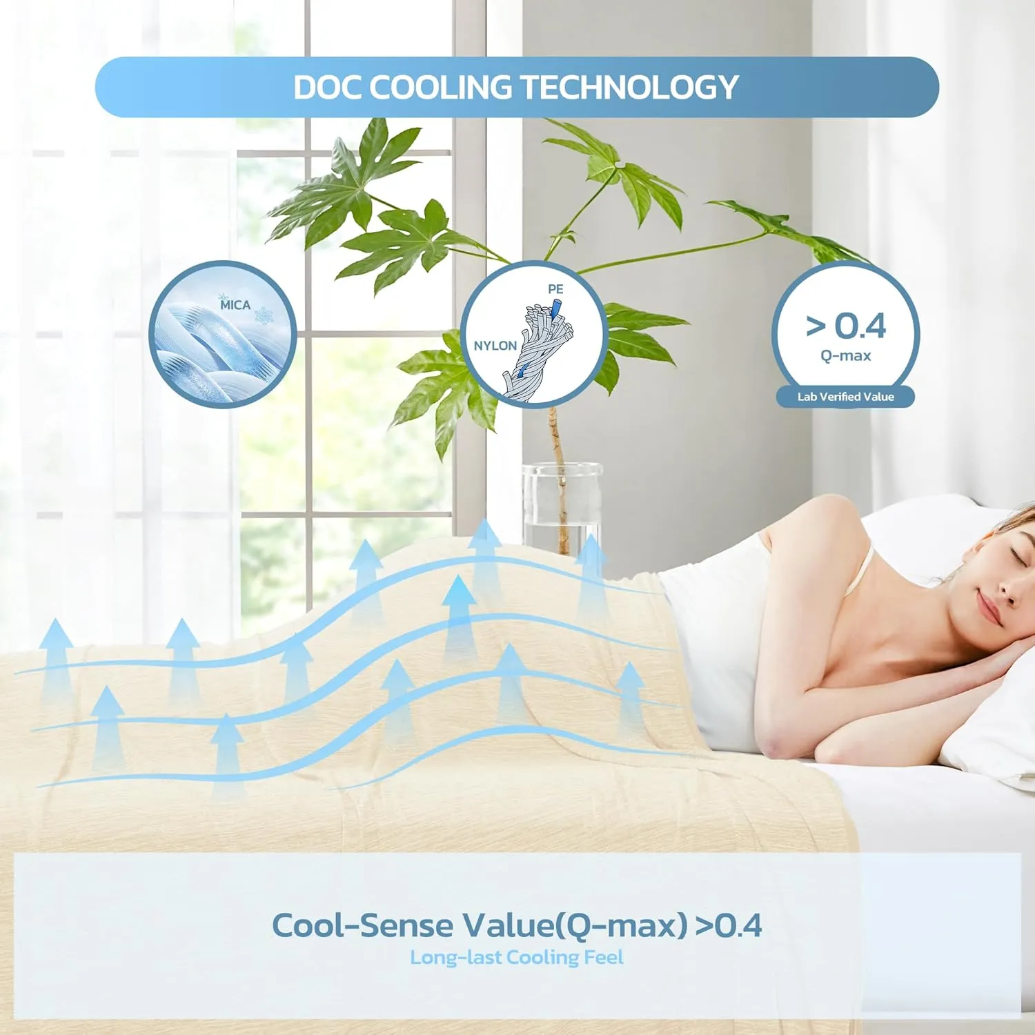 Degrees of Comfort Cooling Blanket Queen Size, Summer Cooling Blankets for Hot Sleepers, Q-Max>0.4 Cool Fiber, Cold Summer Bedding for Bed Couch Sofa, Beige 90"x90"