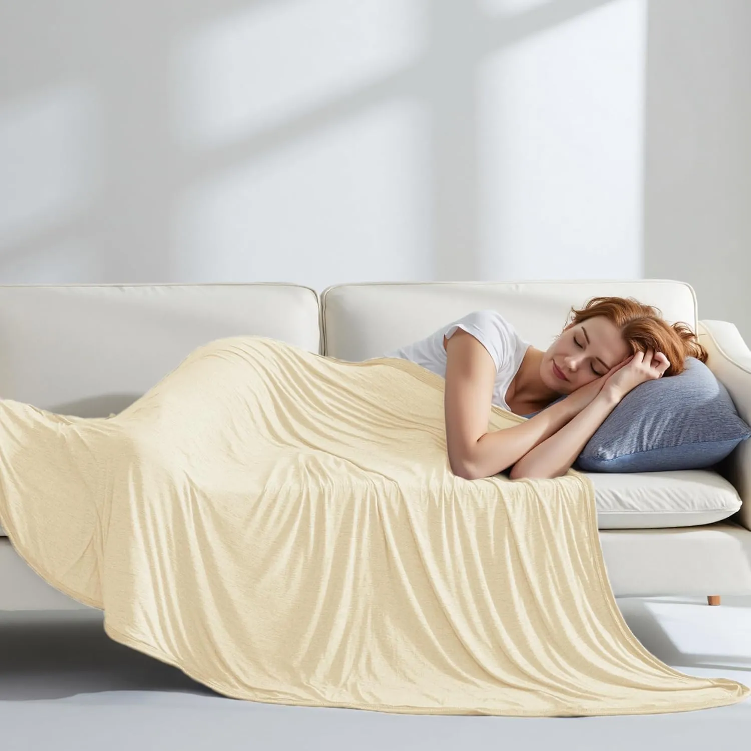 Degrees of Comfort Cooling Blanket Queen Size, Summer Cooling Blankets for Hot Sleepers, Q-Max>0.4 Cool Fiber, Cold Summer Bedding for Bed Couch Sofa, Beige 90"x90"