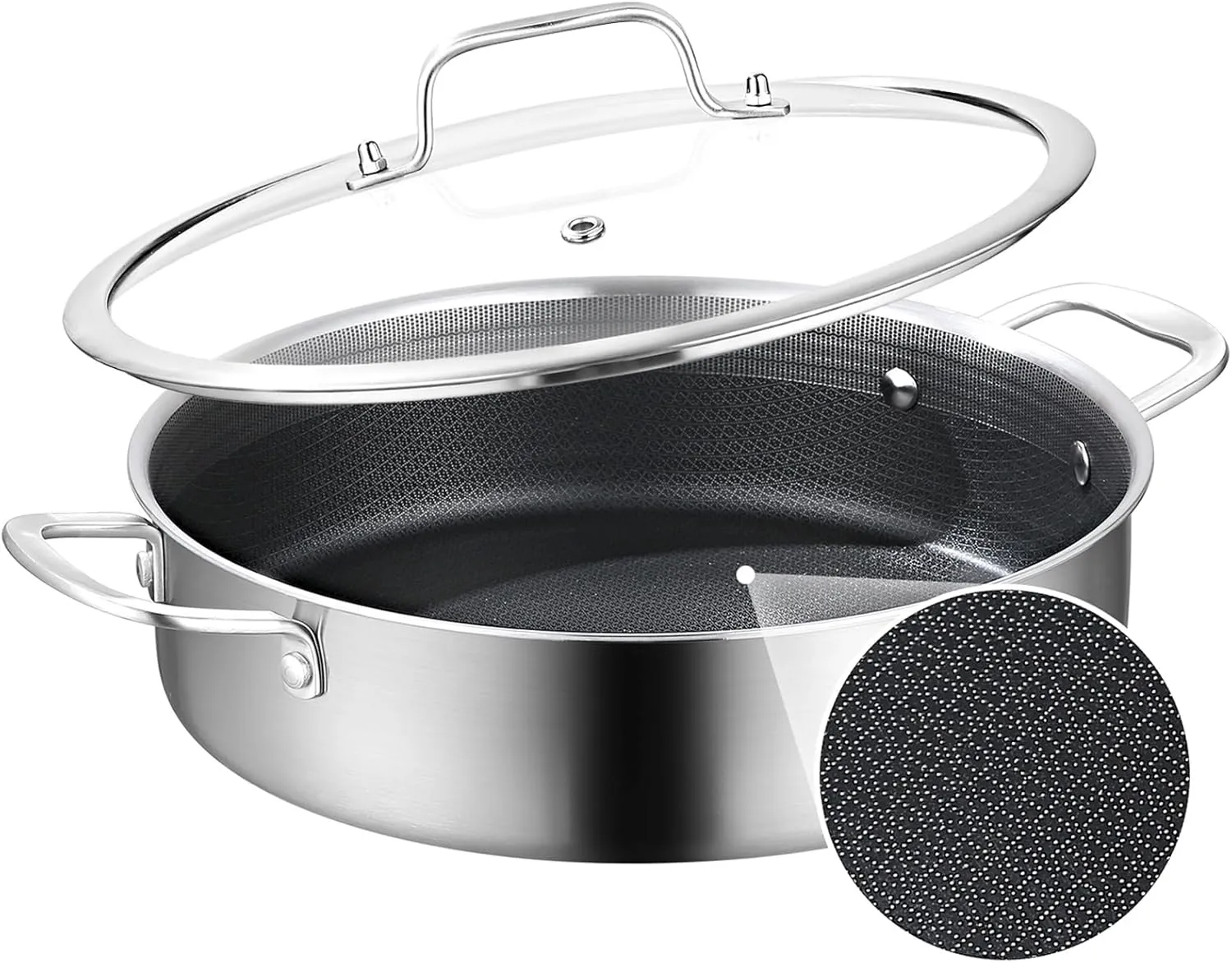 DELARLO Tri-Ply Stainless Steel 7QT Saute Pan With Lid Nonstick, 12 Inch Deep Frying Pan, Large Skillet, Cooker Pan,Dishwasher & Oven Safe