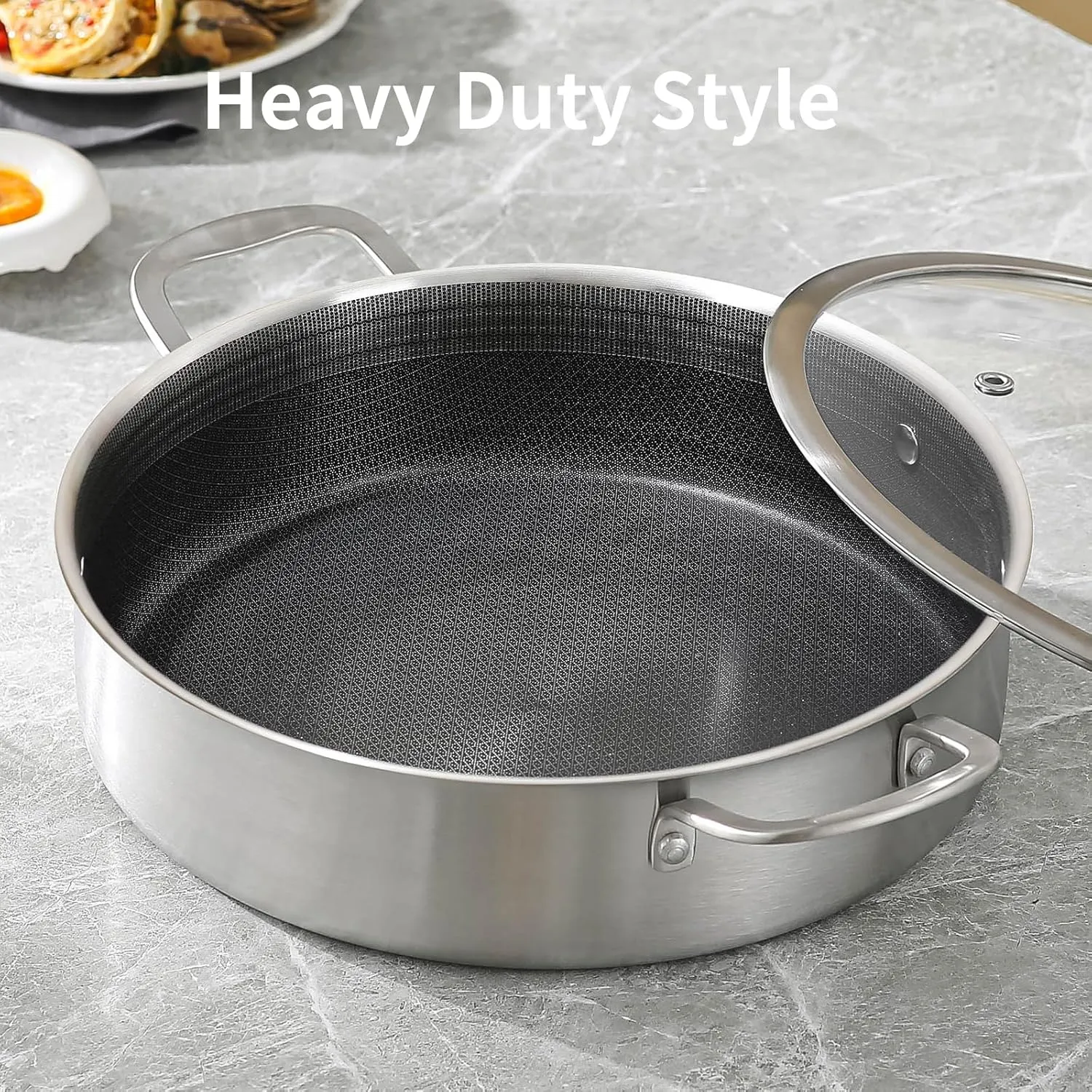 DELARLO Tri-Ply Stainless Steel 7QT Saute Pan With Lid Nonstick, 12 Inch Deep Frying Pan, Large Skillet, Cooker Pan,Dishwasher & Oven Safe