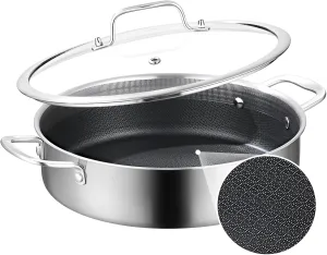 DELARLO Tri-Ply Stainless Steel 7QT Saute Pan With Lid Nonstick, 12 Inch Deep Frying Pan, Large Skillet, Cooker Pan,Dishwasher & Oven Safe