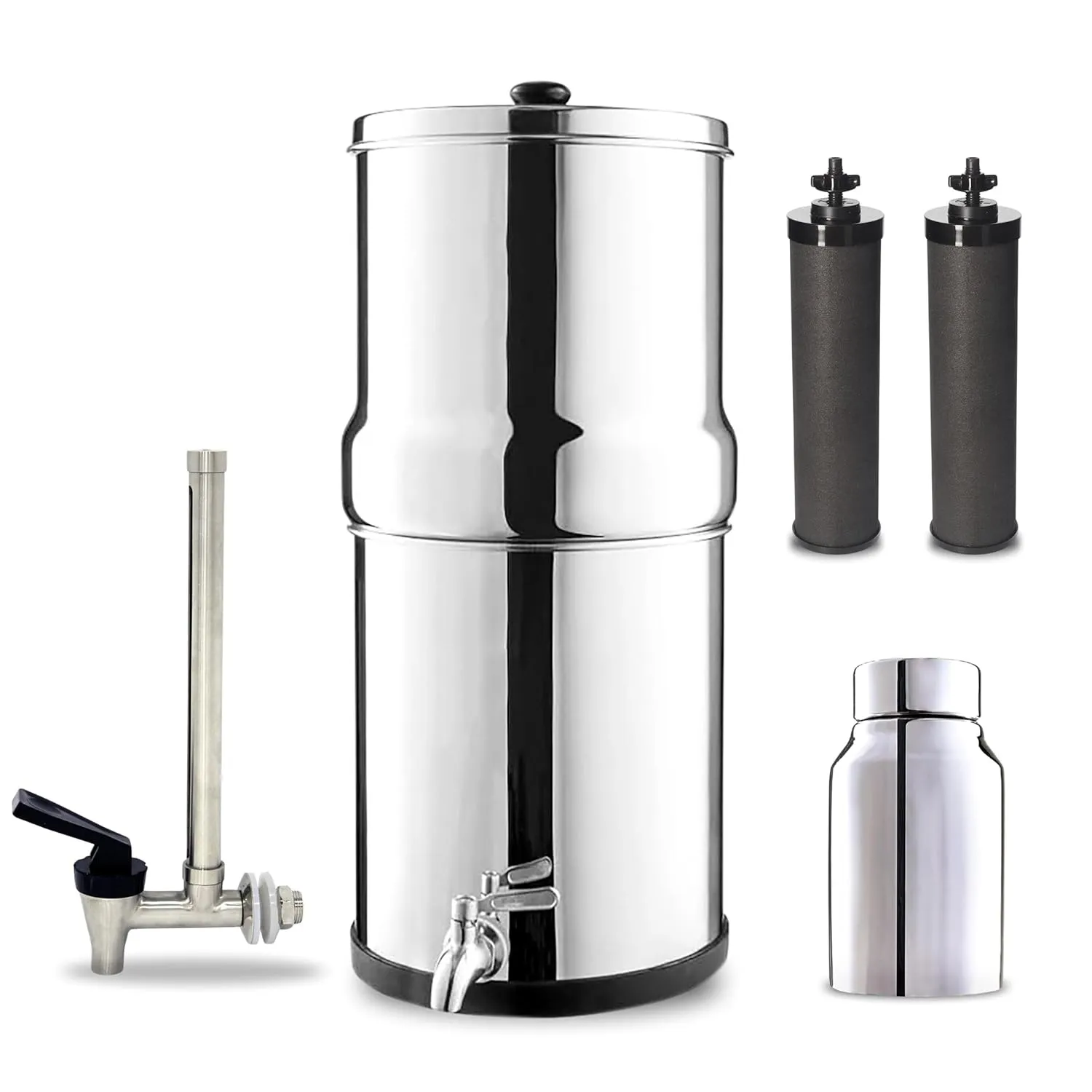 Denali Spring-1.6G (6 Liters)- Stainless Steel Gravity-Fed Water Filtration System with 2 Black Filters, SS Tap, POSTreat Filters, and Vision Tap