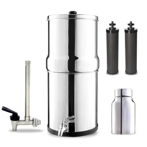 Denali Spring-1.6G (6 Liters)- Stainless Steel Gravity-Fed Water Filtration System with 2 Black Filters, SS Tap, POSTreat Filters, and Vision Tap