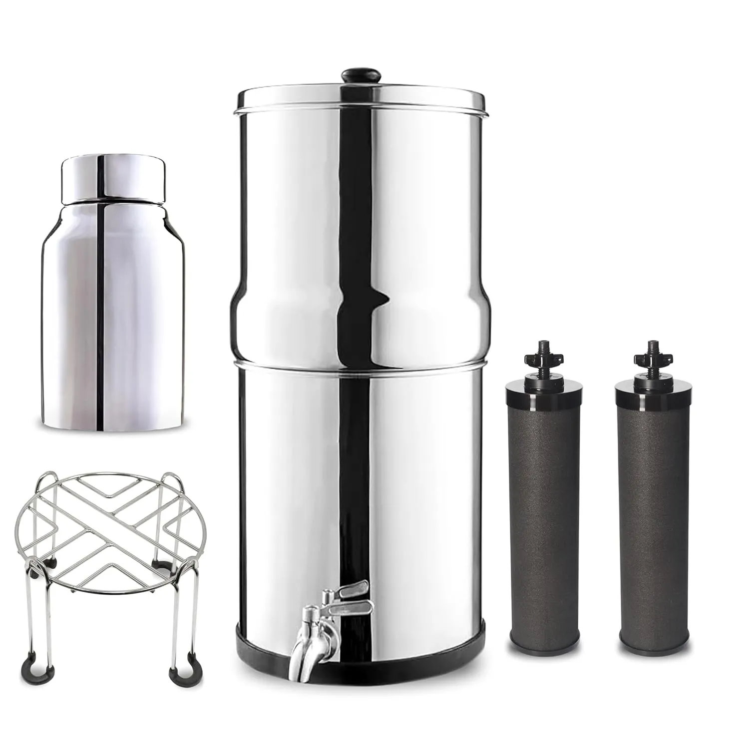Denali Spring-2.25G (8 Liters)- Stainless Steel Gravity-Fed Water Filtration System with 2 Black Filters, SS Tap, POSTreat Filters, and Stainless Steel Stand