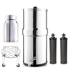 Denali Spring-2.25G (8 Liters)- Stainless Steel Gravity-Fed Water Filtration System with 2 Black Filters, SS Tap, POSTreat Filters, and Stainless Steel Stand