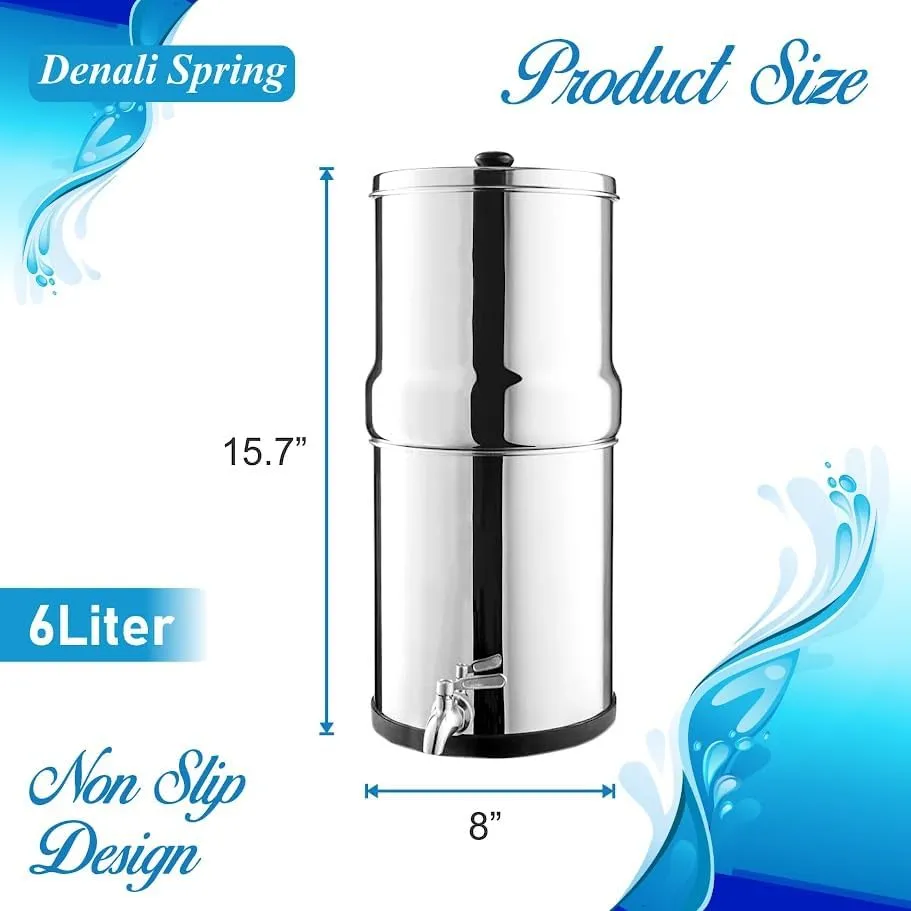 Denali Springs -1.6G (6 Liters)- Stainless Steel Gravity-Fed Water Filtration System with 2 Black Filters and SS Tap