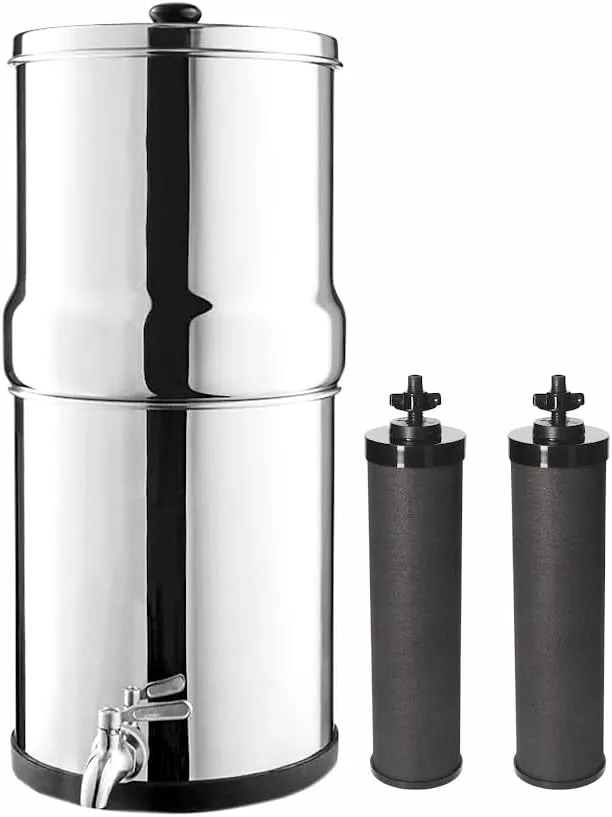 Denali Springs -1.6G (6 Liters)- Stainless Steel Gravity-Fed Water Filtration System with 2 Black Filters and SS Tap