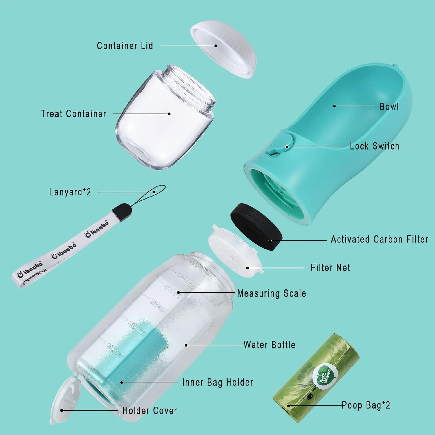 Dog Water Bottle with Food Container & Poop Bag Holder, Travel Water Bowl, Portable Pet Dispenser, Dog Stuff Accessories Items, Puppy Essentials Necessities for Yorkie Chihuahua Walking Hiking