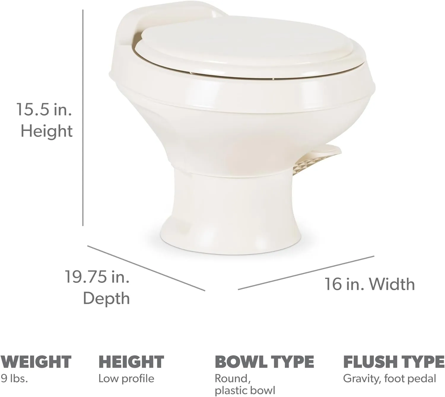 Dometic 311 Gravity Flush Toilet | Bone | Low Profile | Slow- Close Seat | Power Flush, Foot Pedal Flush Operation | 13.5" Seat Height for Compact Areas