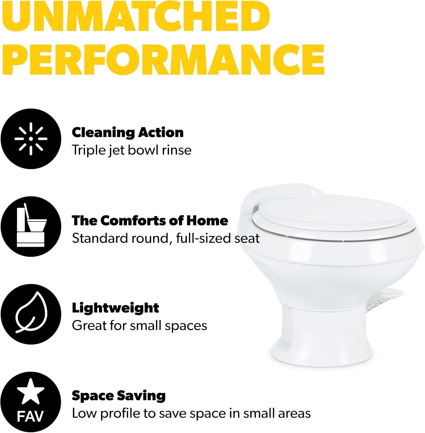 Dometic 311 Gravity Flush Toilet | White | Low Profile | Slow- Close Seat | Power Flush, Foot Pedal Flush Operation | 13.5" Seat Height for Compact Areas