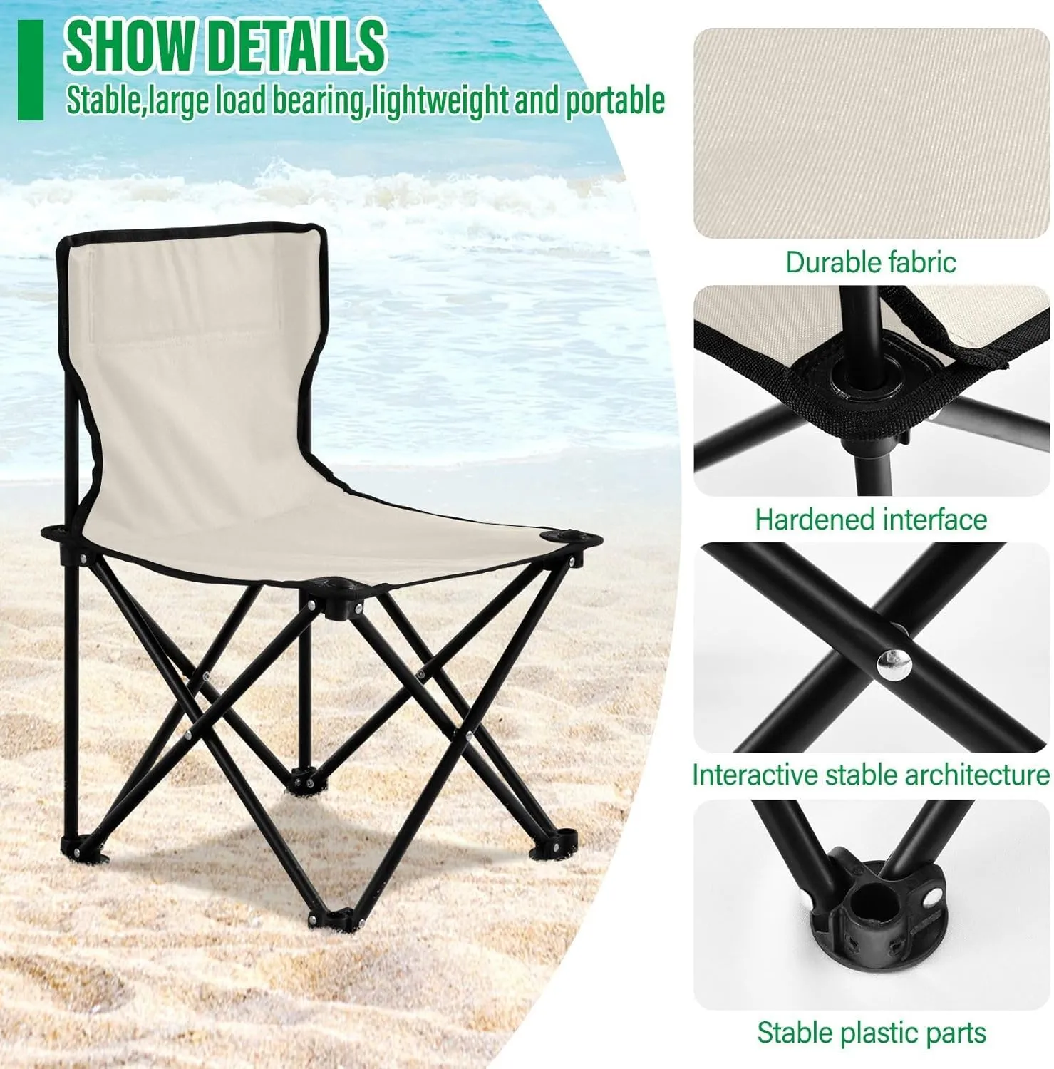 DOMIKING Beige Kids' Portable Camping Chairs for Outdoor Lawn Chair with Carry Bag Folding Chair for Camping Picnic Beach