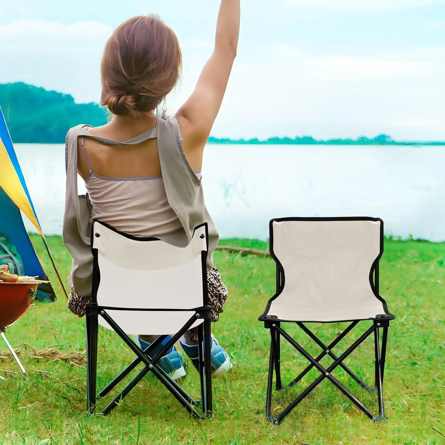 DOMIKING Beige Kids' Portable Camping Chairs for Outdoor Lawn Chair with Carry Bag Folding Chair for Camping Picnic Beach